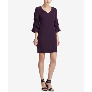 NWT Womens Size 6 DKNY Dark Purple V-Neck Ruched-Sleeve Mini Dress